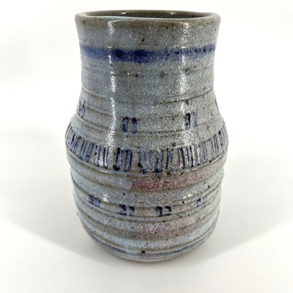 Studio Art Pottery Ceramic Signed Ivory Blue Striped Horizontal Banding Jar Vase